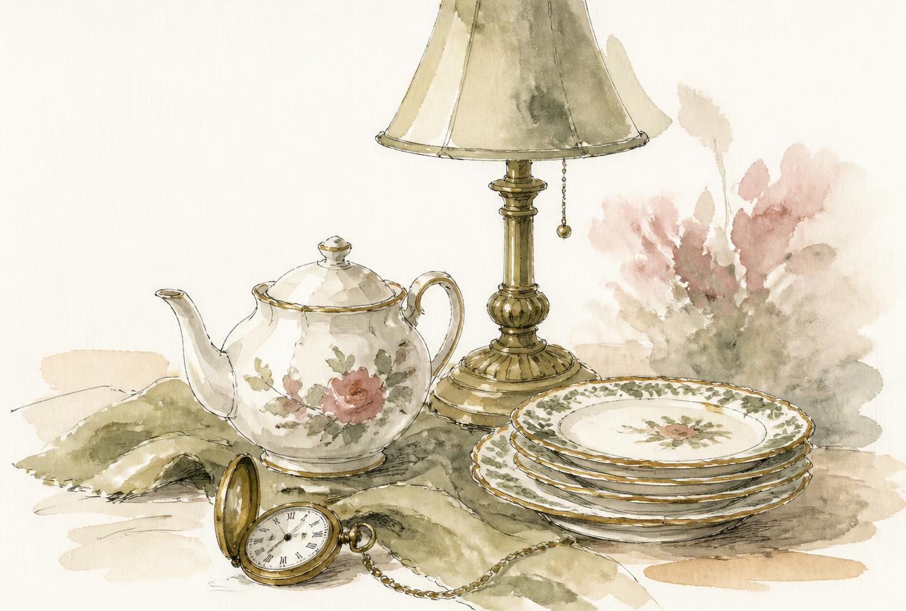 Watercolor sketch of china, a brass lamp, and a pocket watch